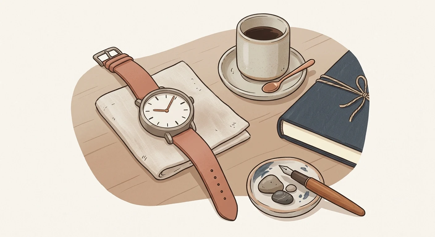 A simple watch resting beside everyday essentials, symbolizing quiet personal rituals