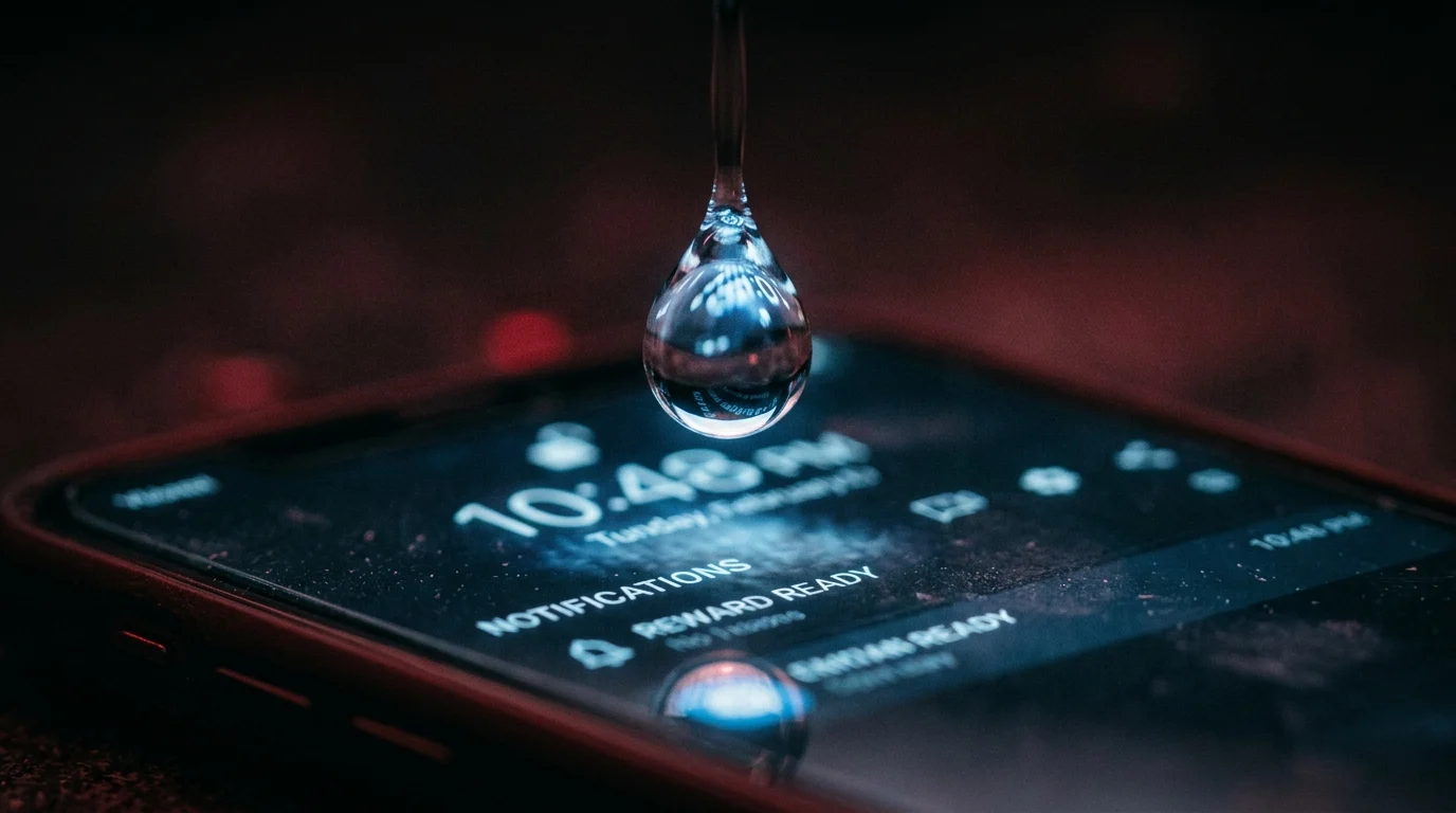 Water droplet above a phone showing a notification