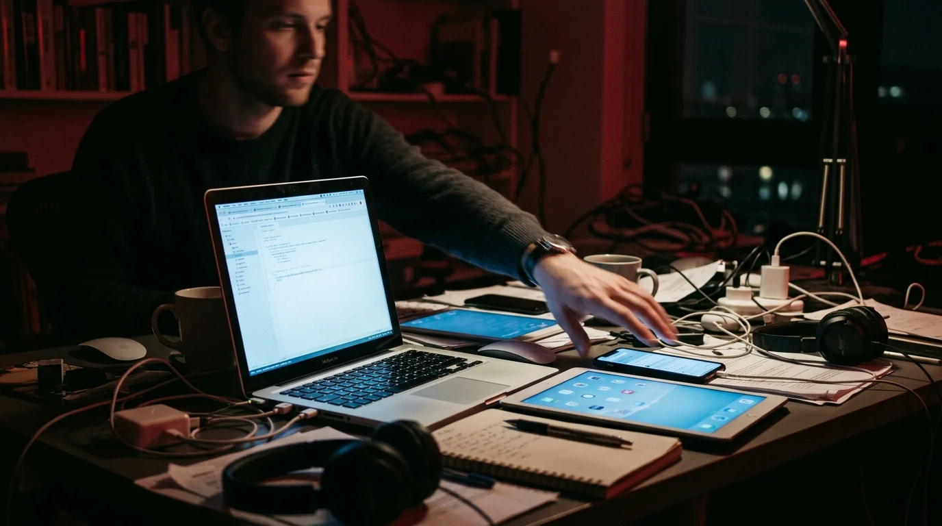 Person switching between laptop, tablet, and phone