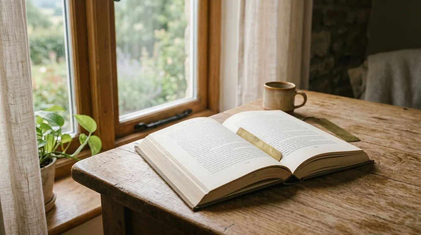 Open book on a table by a window