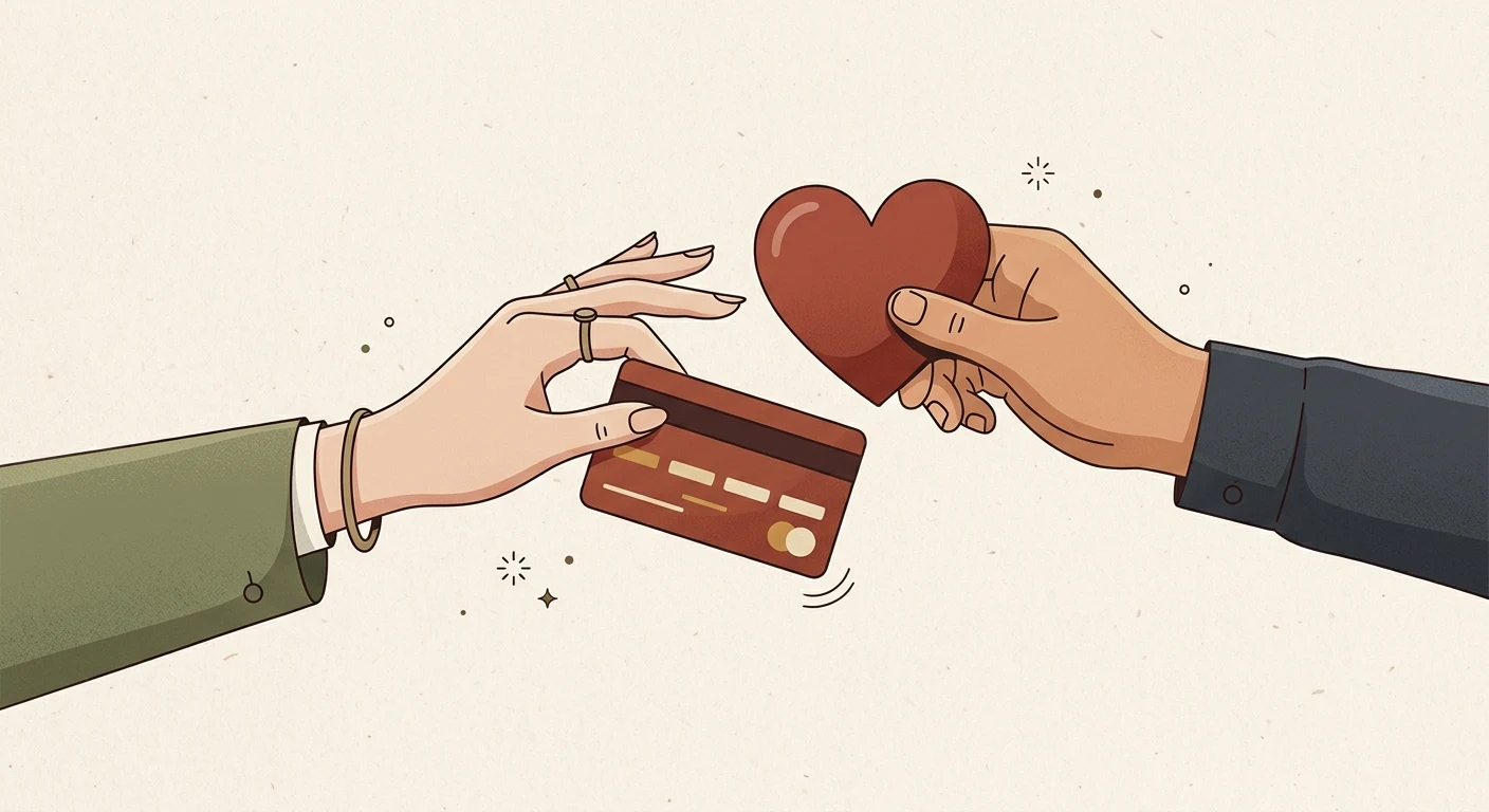 A hand exchanging a credit card for a heart-shaped icon, representing the commercialization of companionship