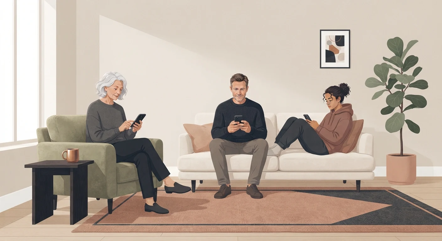 Multiple generations sitting together but each absorbed in their own phone