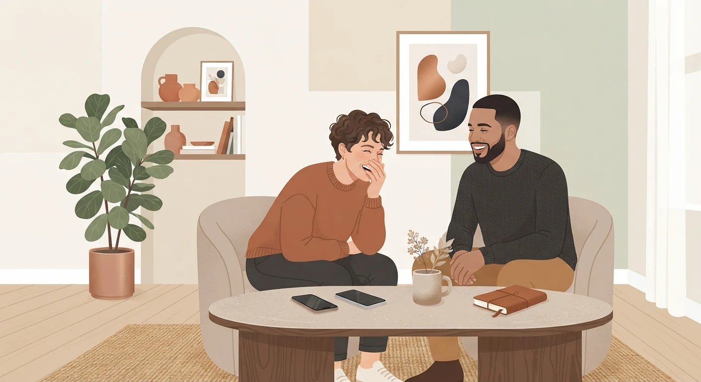 Two people laughing together at a coffee table, phones face down between them