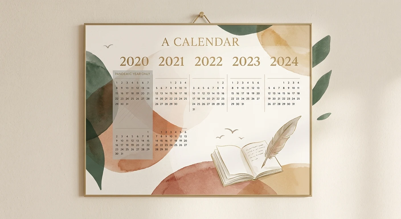 A calendar with pandemic years marked, symbolizing lost years of in-person social development