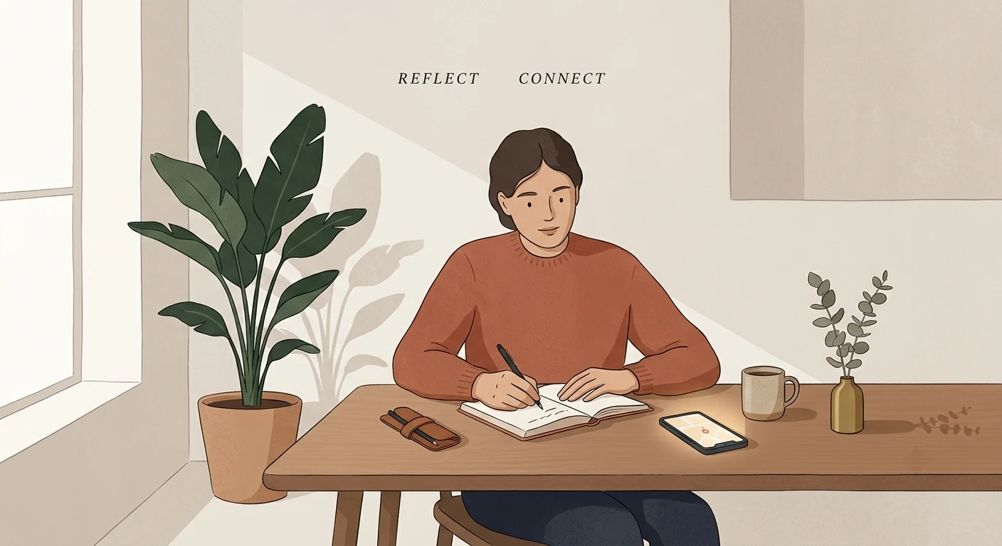 A person journaling next to their phone, showing a balance between digital and personal reflection