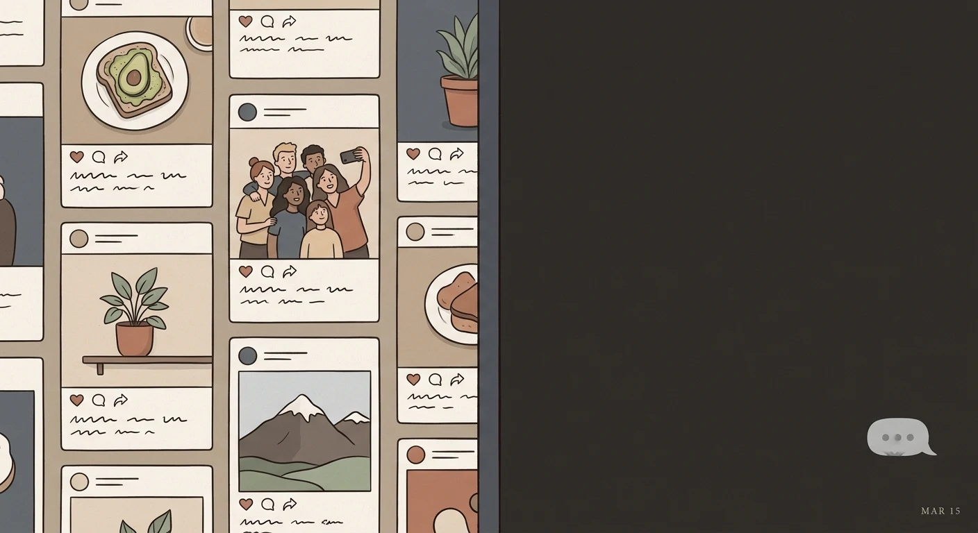 Split image showing a crowded social media feed on one side and an empty, quiet chat conversation on the other