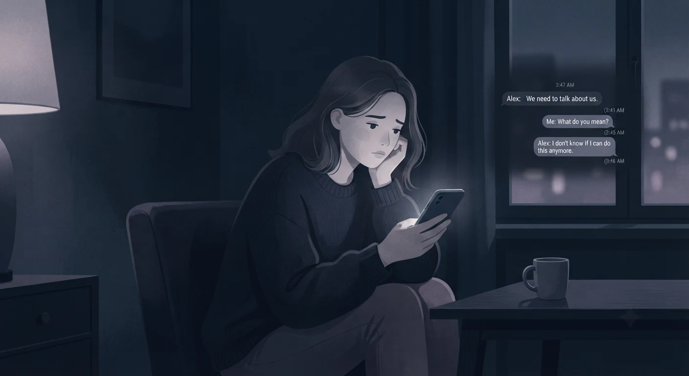 Person looking conflicted while holding a phone with a text conversation