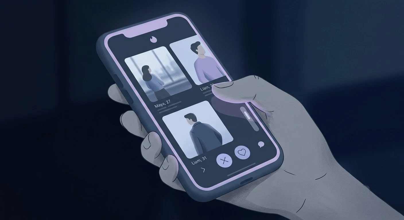 Phone screen showing a dating app with endless profiles to swipe through