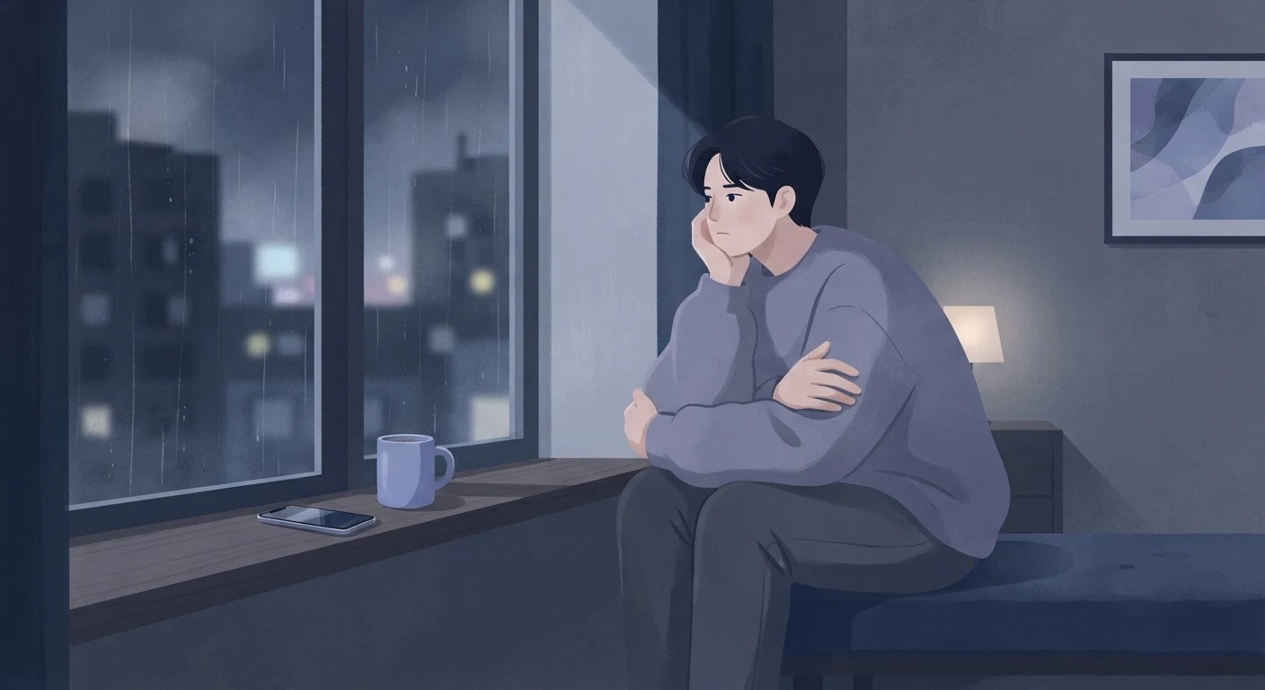 Person sitting alone by a window, reflective and guarded