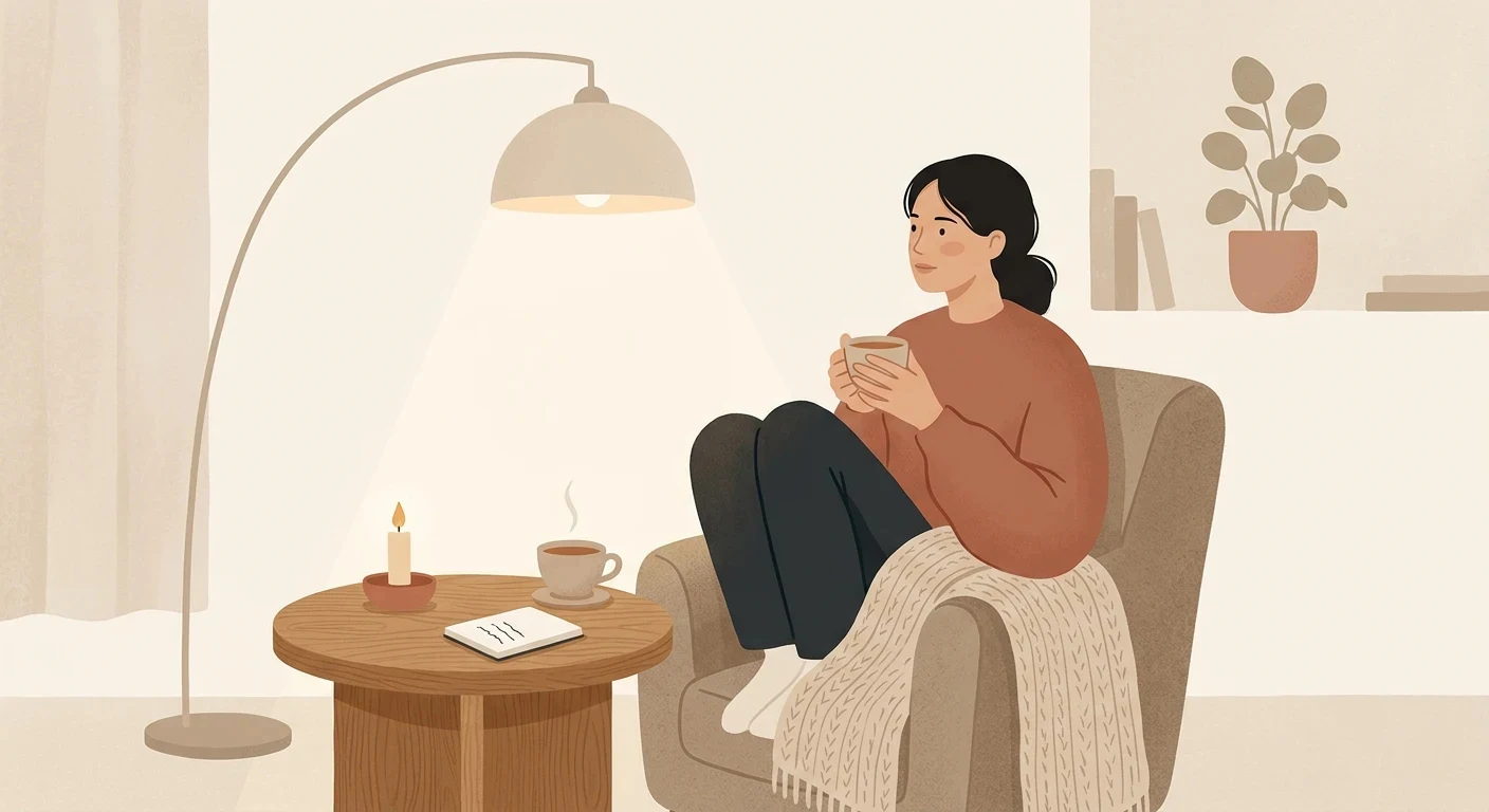 Quiet evening moment, a cup of tea and soft light, no devices
