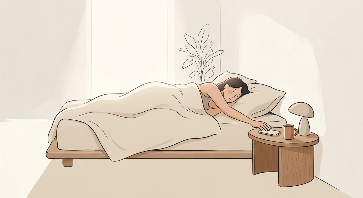 Person waking up slowly, reaching for phone on a nightstand