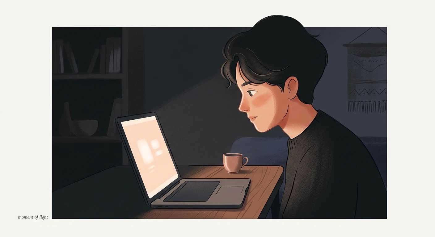 Person's face close to a glowing laptop screen in a dim room
