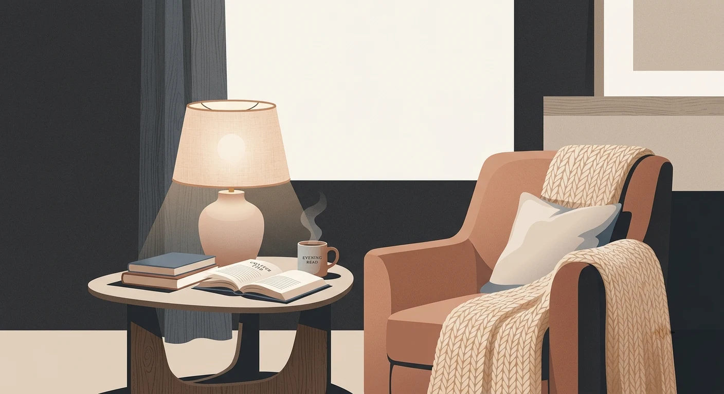 Cozy evening setup with warm lamp light, book, and no screens