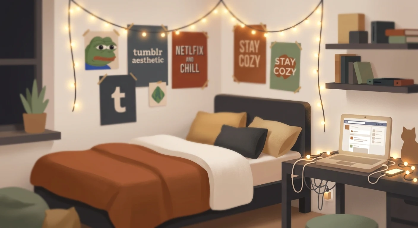 A warm, slightly blurred bedroom with fairy lights and old posters, evoking the cosy internet-era feeling of 2016