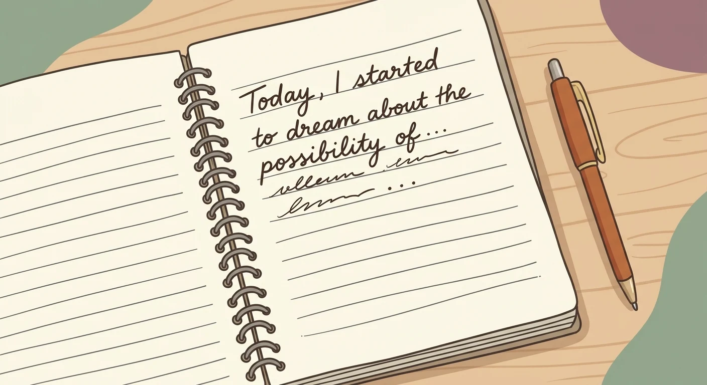 An open notebook with handwriting that trails off mid-sentence, a pen resting beside it, capturing the feeling of hopes that were forming but never finished