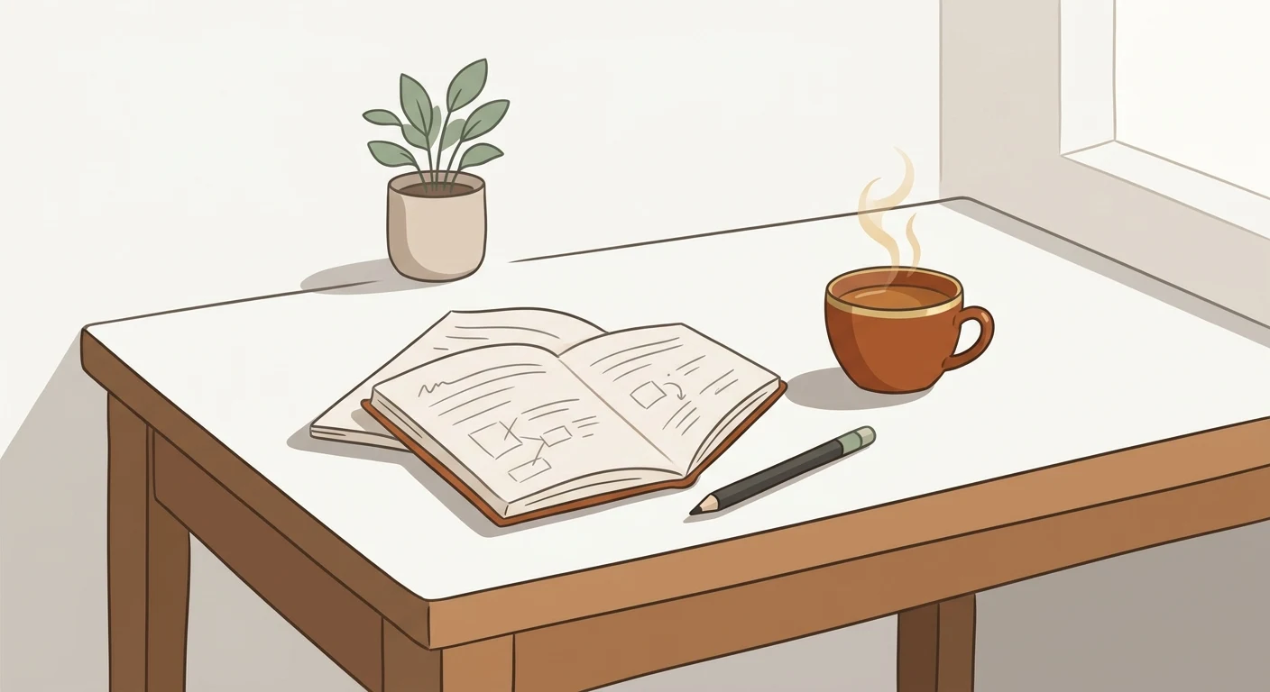 A tidy, uncluttered desk with a notebook and a cup of tea, suggesting the feeling of quiet simplicity and lower stakes that nostalgia often points toward