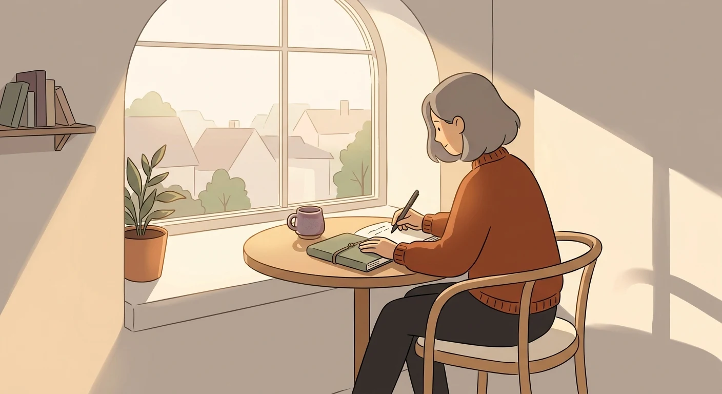 A person sitting by a window with morning light coming in, writing in a journal, suggesting the quiet act of turning inward and beginning something new