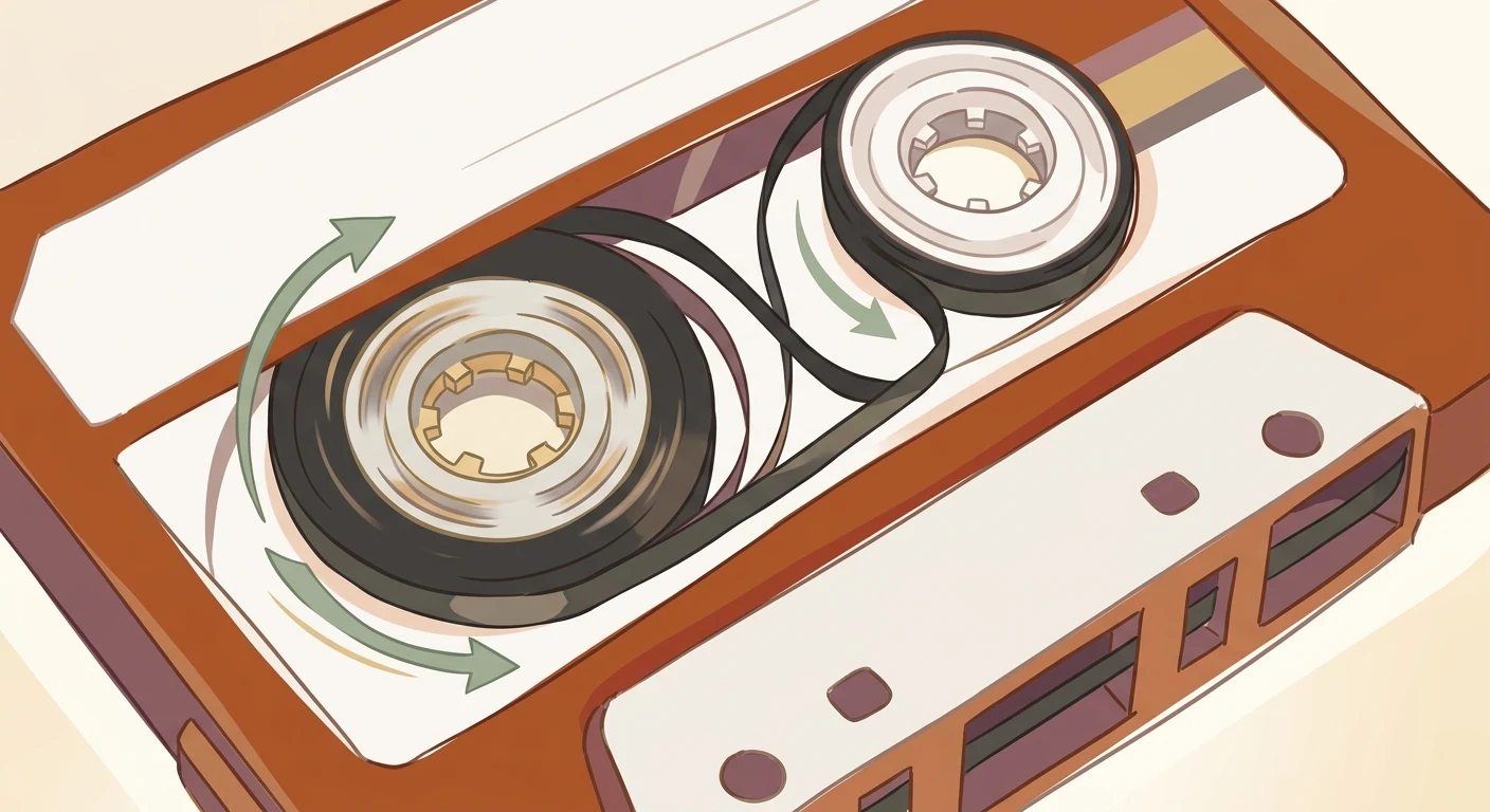 A cassette tape rewinding, close-up, symbolizing the loop of returning to the past instead of moving through the present