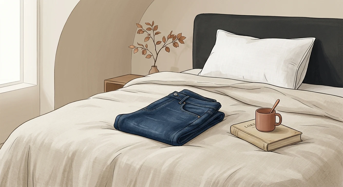 Pair of jeans lying folded on a bed