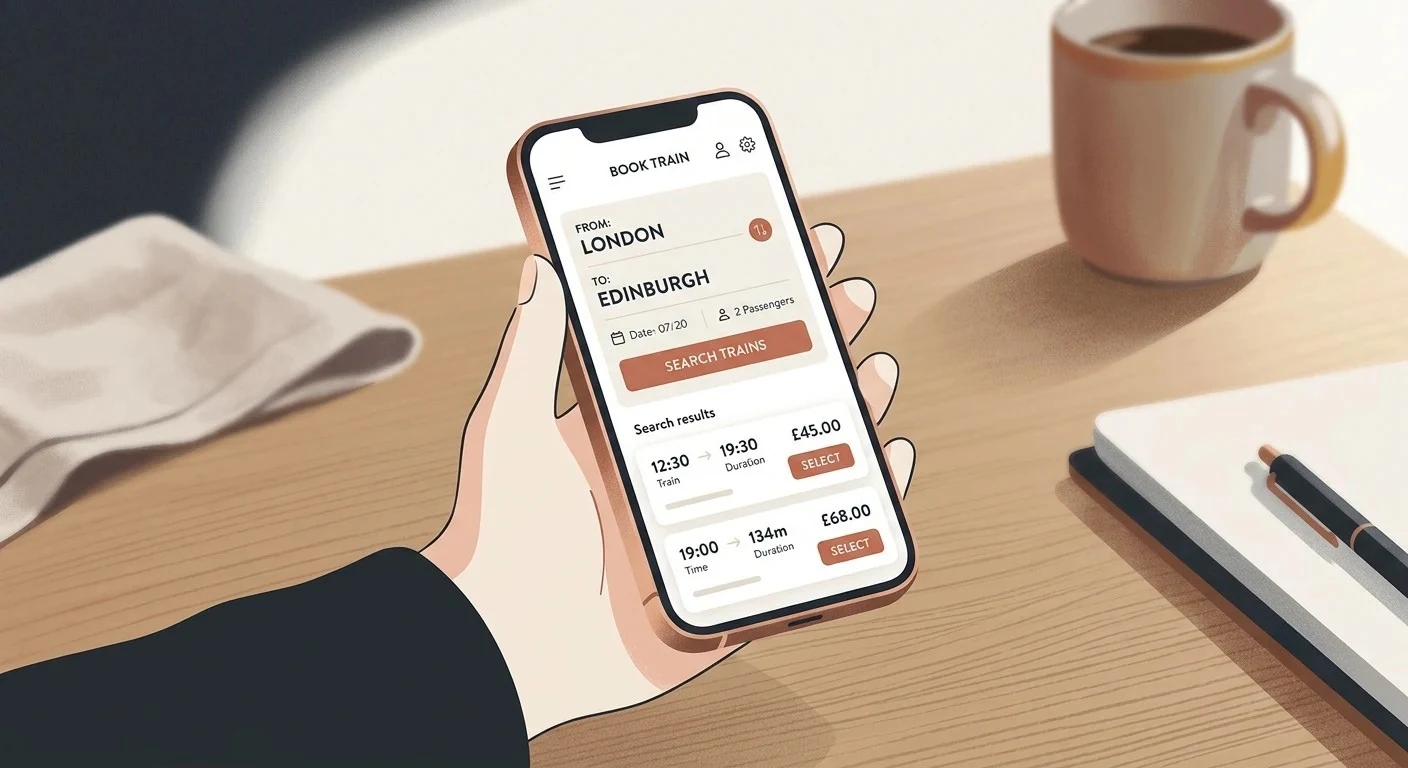 Hand holding a phone while booking train tickets