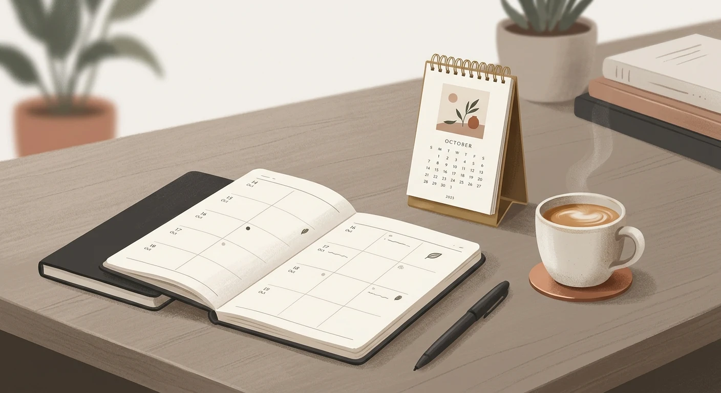 Calendar and planner on a desk beside a coffee cup