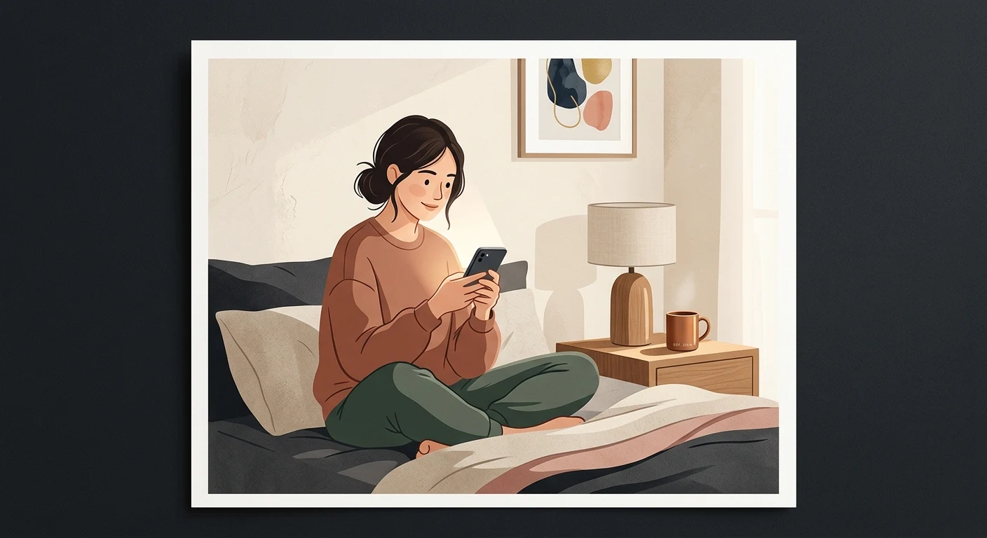 Woman checking phone screen early in the morning