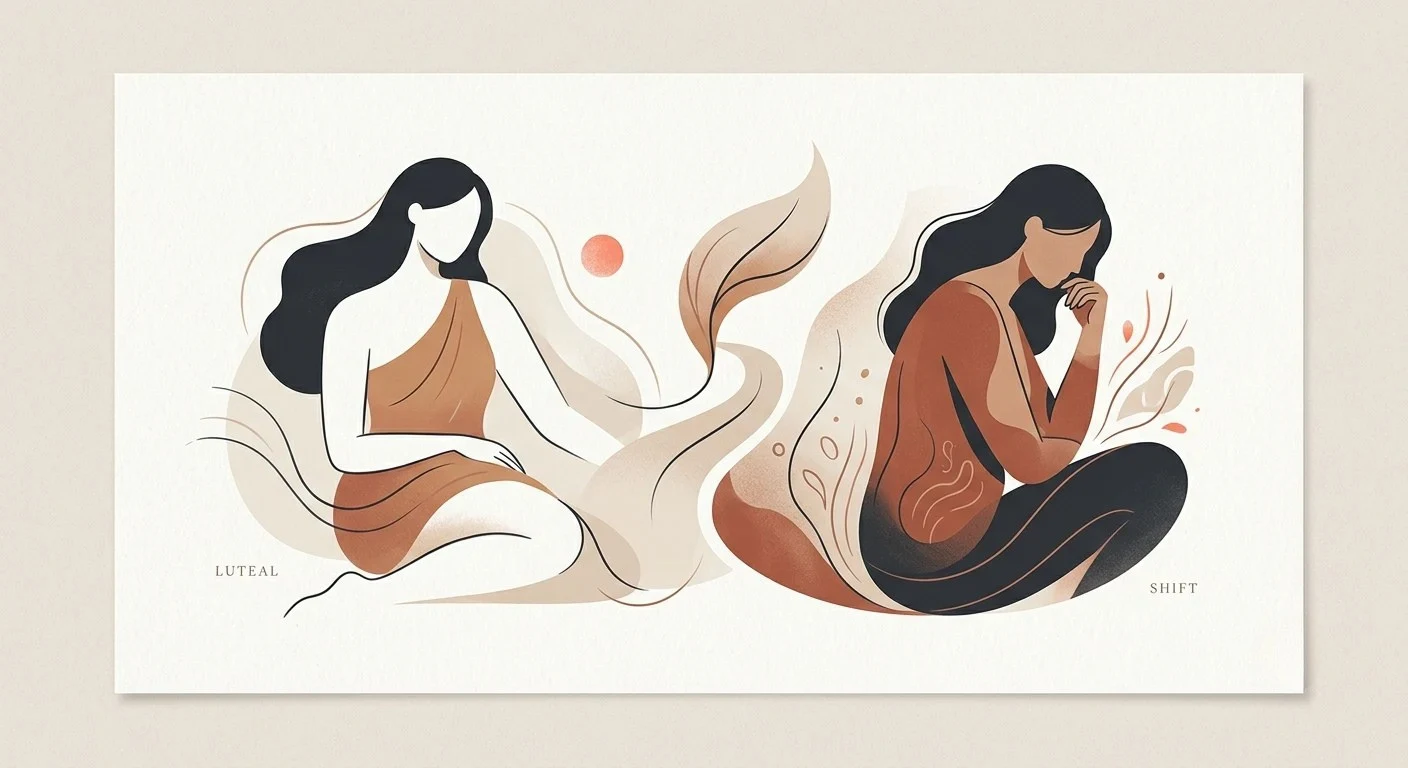 Editorial illustration showing the emotional shift and lower energy often experienced during the luteal phase