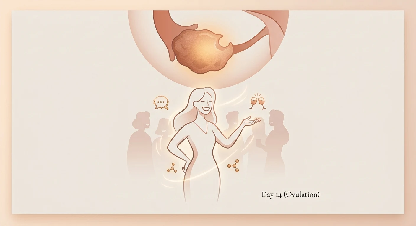 Illustration representing ovulation with a confident woman and a highlighted ovary releasing an egg
